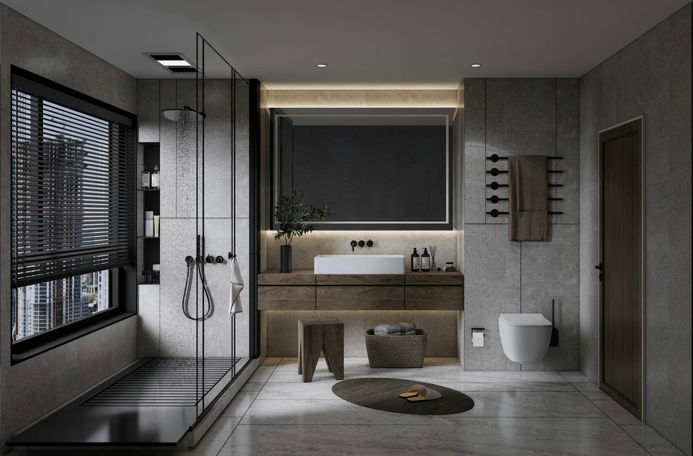 A marble walk-in shower behind frameless glass, with a floating walnut vanity