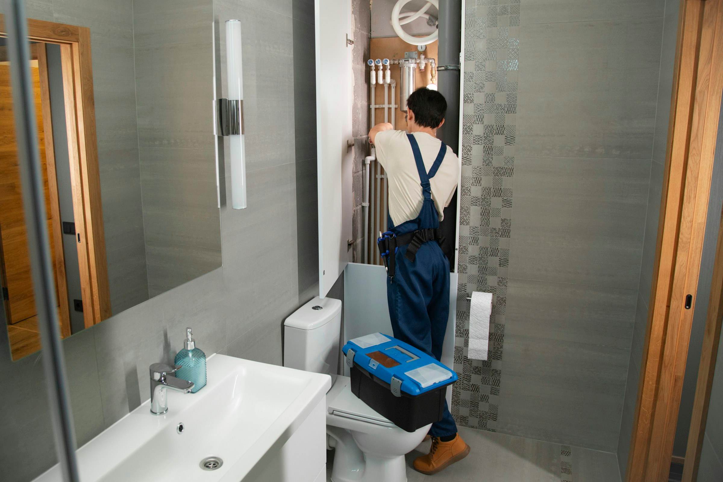 A plumber in overalls working in a bathroom