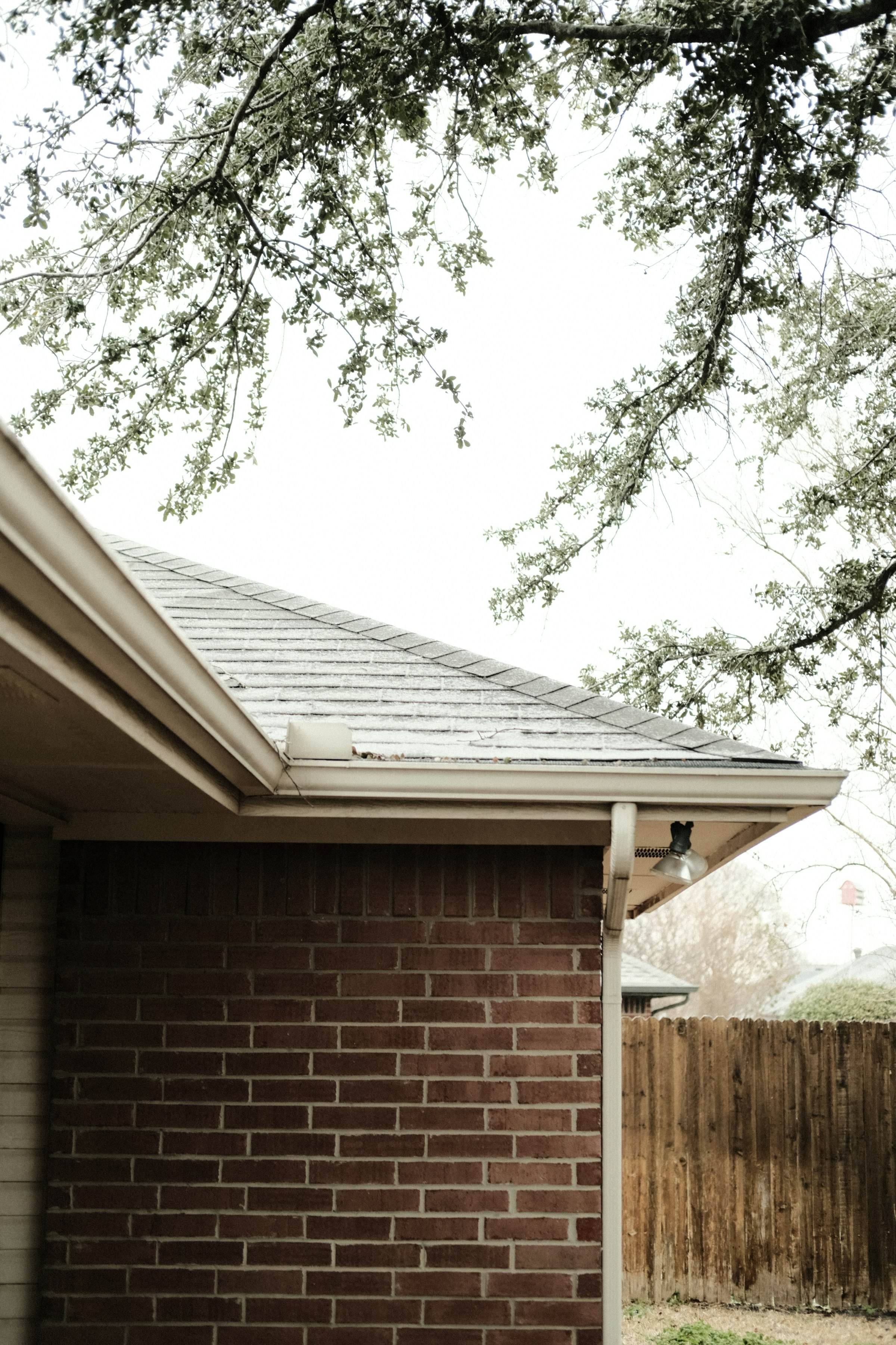 Roof edge and gutter of a brick home framed by trees